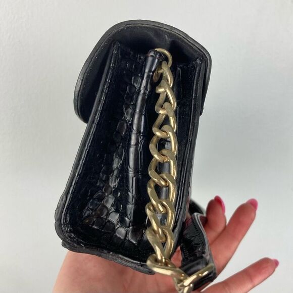 Vintage Y2K‎ Mini Satchel Shoulder Bag Black Alligator Print Brass Chain Vegan - Picture 4 of 11